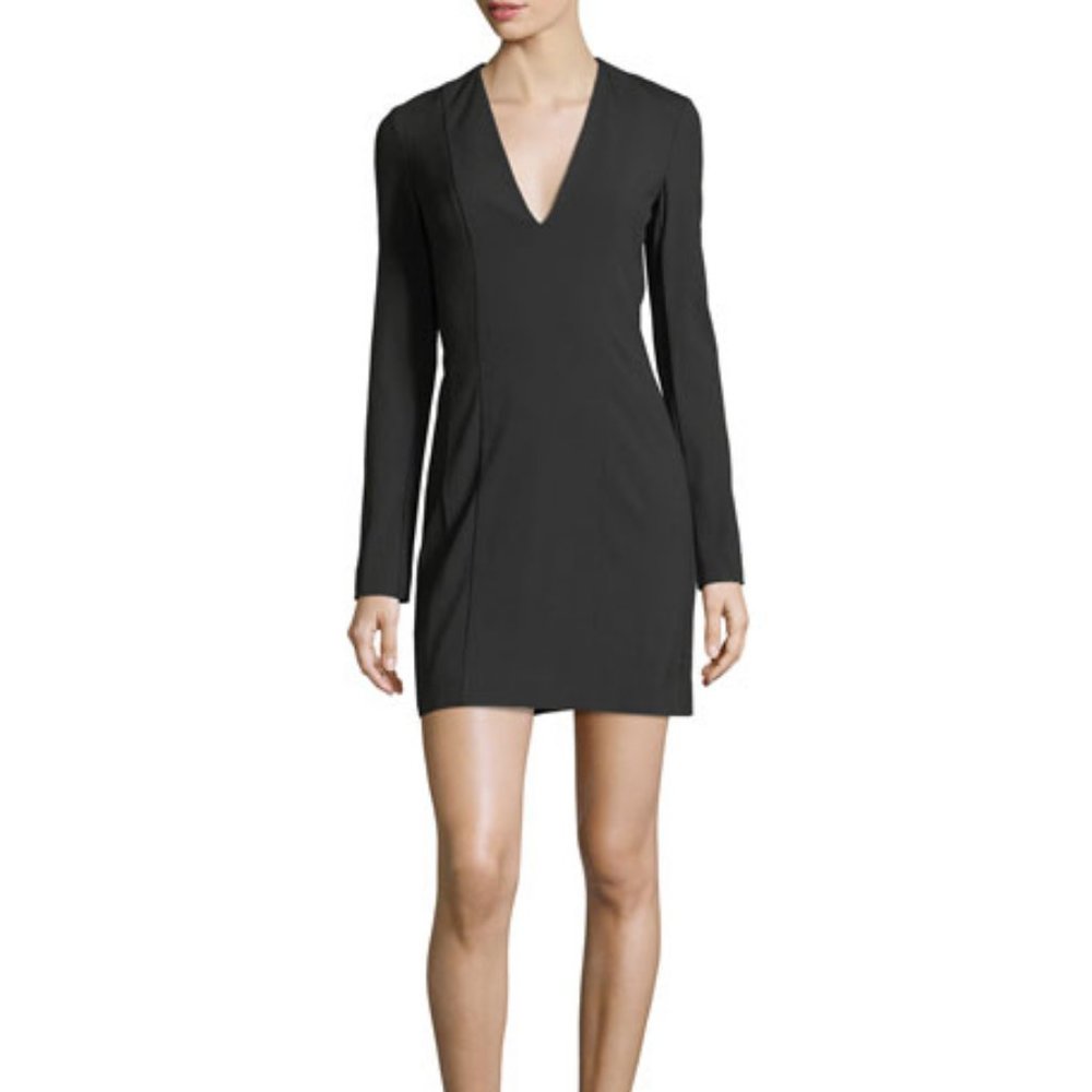 Theory Bi-stretch Deep V Long-Sleeve Crepe Mini Dress